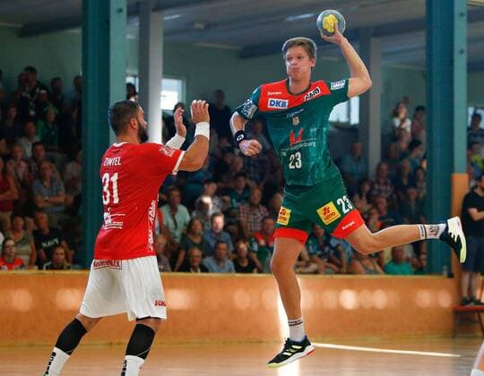 23.07.2019, xtgx, Handball Testspiel, SC Magdeburg - TV Huettenberg emspor, v.l. Hannes Bransche (Magdeburg) wirft Tor, Torschütze, erzielt Tor, Treffer, scores the goal Schoenebeck