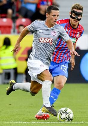 From left soccer players DANIEL PODENCE of Olympiakos and LUKAS KALVACH of Viktoria in action during the Football Champions League 2nd qualifying round match: Viktoria Plzen vs Olympiakos Piraeus in Pilsen, Czech Republic, July 23, 2019. (CTKxPhoto VitxSimanek) CTKPhotoP201907230900701  VIS 004