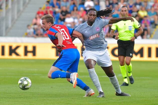 From left soccer players of Viktoria JAN KOPIC and RUBEN SEMEDO of Olympiakos in action during the Football Champions League 2nd qualifying round match: Viktoria Plzen vs Olympiakos Piraeus in Pilsen, Czech Republic, July 23, 2019. (CTKxPhoto MiroslavxChaloupka) CTKPhotoP201907230903201  cha05
