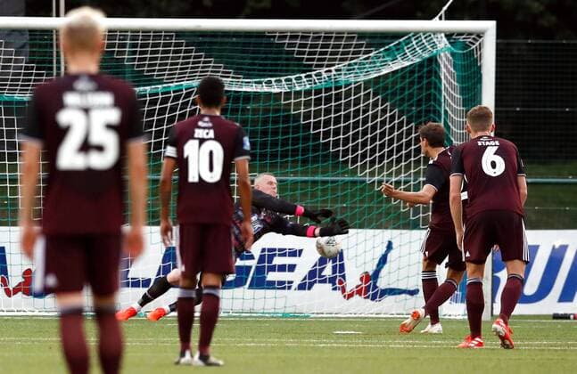 Copenhagen s Robert Skov scores his side s second goal of the game from the penalty spot during the UEFA Champions League second qualifying round first leg match at Park Hall Stadium, Oswestry. , Oswestry Denmark