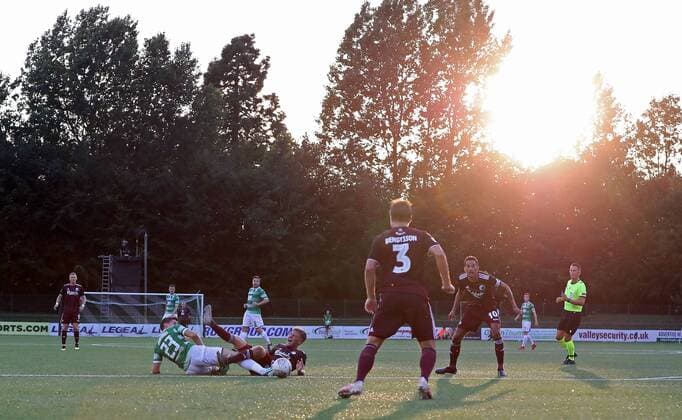 The New Saints Aeron Edwards and Copenhagen s Carlo Holse battle for the ball during the UEFA Champions League second qualifying round first leg match at Park Hall Stadium, Oswestry. , Oswestry Denmark