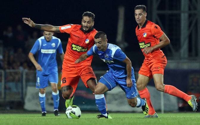 23.07.2019 Niksic(Montenegro) FK Sutjeska-FC Apoel Nicosia 2nd leg champions league qualify men s football Damir Kojasevic(c)Sutjeska between Savvas Gentsoglou(L),Lucas Souza(R) APOEL :Str 
