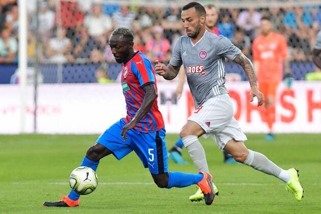 L-R Joel Kayamba (Plzen) and Guilherme (Piraeus) in action during the Football Champions League 2nd qualifying round match: Viktoria Plzen vs Olympiakos Piraeus in Pilsen, Czech Republic, on July 23, 2019. (CTKxPhoto MiroslavxChaloupka) CTKPhotoP201907230952301  cha08