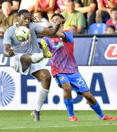 L-R Ruben Semedo (Piraeus) and Ales Cermak (Plzen) in action during the Football Champions League 2nd qualifying round match: Viktoria Plzen vs Olympiakos Piraeus in Pilsen, Czech Republic, on July 23, 2019. (CTKxPhoto VitxSimanek) CTKPhotoP201907230954001  VIS 011