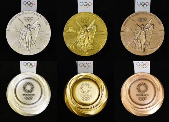 Sport Themen der Woche KW30 Sport Bilder des Tages 2020 Tokyo Olympics medals Photo taken July 22, 2019, shows both sides of the (from L) silver, gold and bronze medals for the 2020 Tokyo Olympics. 