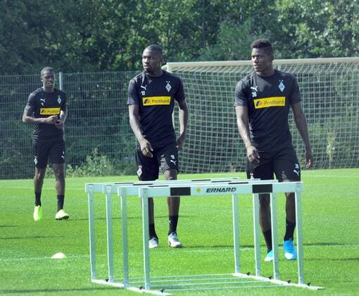 Borussia Mönchengladbach 1. Bundesliga , Saison 2019 - 2020 Trainingsauftakt nach der Sommerpause am 24.07.2019 im Borussia-Park hier Mahmadou Doucore , der Neuzugang Marcus Thuram und Breel Embolo DFL regulations prohibit any use of photographs as image sequences and or quasi-video DFB regulations prohibit any use of photographs as image sequences and or quasi-video , , , *** Borussia Mönchengladbach 1 Bundesliga , season 2019 2020 training start after the summer break on 24 07 2019 in Borussia Park here Mahmadou Doucore , the newcomer Marcus Thuram and Breel Embolo DFL regulations prohibit any use of photographs as image sequences and or quasi video DFB regulations prohibit any use of photographs as image sequences and or quasi video , , , DiWi