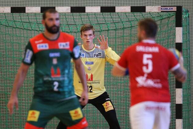 Torwart Tobias Thulin (Mi.,SC Magdeburg) - Handball Testspiel Sommervorbereitung Saison 2019-2020 Punktspiel SC Magdeburg vs. TV Hüttenberg in der Franz Vollbring Halle in Schönebeck - Aktion,Deutschland, Handball, Mann, Maenner,23.07.2019