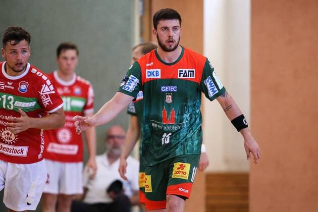 Filip Kuzmanovski (SC Magdeburg) - Handball Testspiel Sommervorbereitung Saison 2019-2020 Punktspiel SC Magdeburg vs. TV Hüttenberg in der Franz Vollbring Halle in Schönebeck - Aktion,Deutschland, Handball, Mann, Maenner,23.07.2019