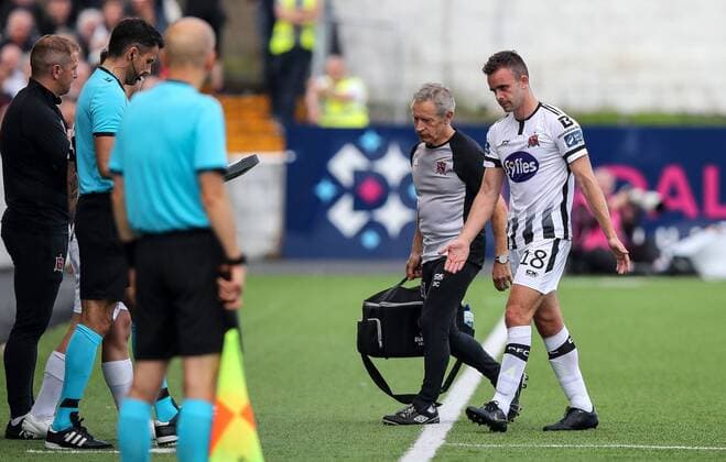 UEFA Champions League Second Qualifying Round First Leg, Oriel Park, Co. Louth 24 7 2019 Dundalk vs Qarabag Dundalk s Robbie Benson leaves the field with an injury Robbie Benson leaves the field with an injury 24 7 2019  Copyright: x©INPHO RyanxByrnex RB3_5287