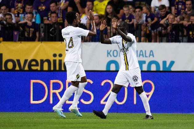 190724 Heradi Rashidi and Enoch Kofi Adu celebrate after Henok Goitom (not pictured) scored 1-1 during the UEFA Champions League qualifying match between Maribor and AIK on July 24, 2019 in Maribor. Photo: Martin Metelko BILDBYRAN Cop 277 bbeng fotball fotboll football kval till champions league soccer champions league qualification aik maribor jubel Copyright: MARTINxMETELKO BB190724BB322