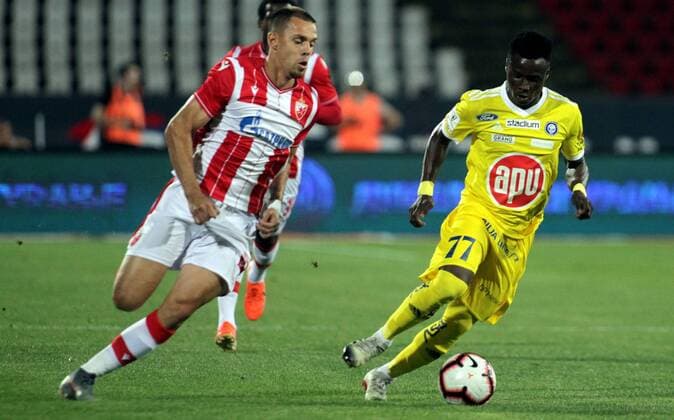 24.07.2019 Belgrade(Serbia) FK Crvena Zvezda(FC Red Star)-HJK Helsinki Champions League 2nd leg qualifiers men s football Evans Mensah(r) HJK Helsinki, Milan Rodic(L) FK Crvena Zvezda(FC Red Star) : 