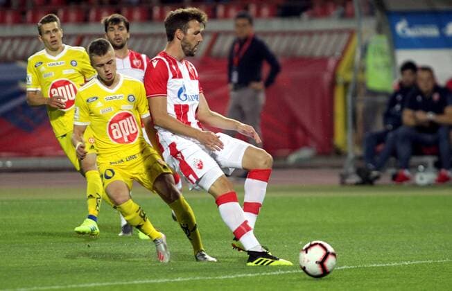 24.07.2019 Belgrade(Serbia) FK Crvena Zvezda(FC Red Star)-HJK Helsinki Champions League 2nd leg qualifiers men s football Ivan Tarasov(L) HJK Helsinki stopped during match from Nemanja Milunovic(C) FK Crvena Zvezda(FC Red Star) : 
