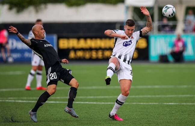 UEFA Champions League Second Qualifying Round First Leg, Oriel Park, Co. Louth 24 7 2019 Dundalk vs Qarabag Dundalk s Patrick McEleney with Richard Almeida of Qarabag Patrick McEleney with Richard Almeida 24 7 2019  Copyright: x©INPHO RyanxByrnex RB3_5261