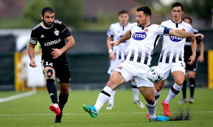 UEFA Champions League Second Qualifying Round First Leg, Oriel Park, Co. Louth 24 7 2019 Dundalk vs Qarabag Dundalk s Pat Hoban and Rashad F. Sadygov of Qarabag Pat Hoban and Rashad F. Sadygov 24 7 2019  Copyright: x©INPHO RyanxByrnex RB3_5669