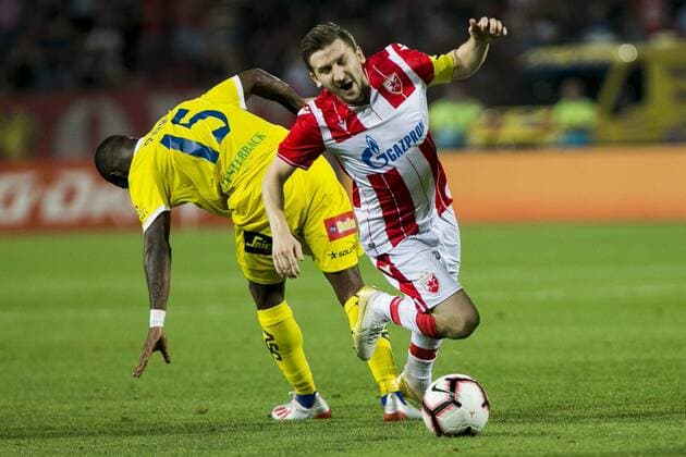 24th July 2019; Rajko Mitic Stadium, Belgrade, Serbia; UEFA Champions League Qualifying Second Leg First Round Red Star Belgrade versus HJK Helsinki; Marin of Red Star Belgrade goes down after contact with Parra Sinisterra of HJK Helsinki  ActionPlus12156233 NikolaxKrstic