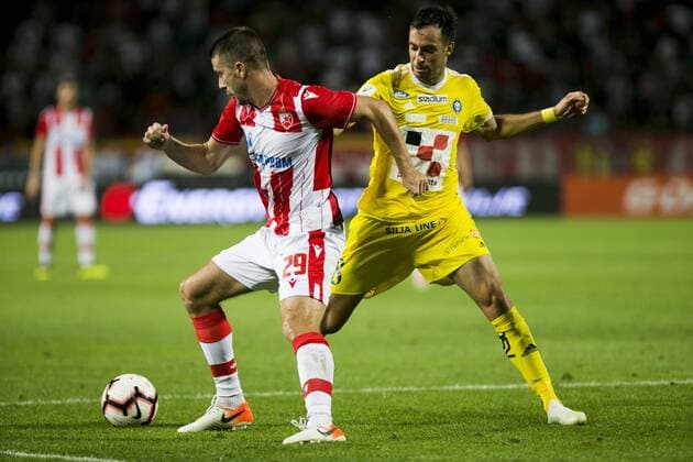 24th July 2019; Rajko Mitic Stadium, Belgrade, Serbia; UEFA Champions League Qualifying Second Leg First Round Red Star Belgrade versus HJK Helsinki; Jovancic of Red Star Belgrade holds off Rafinha of HJK Helsinki  ActionPlus12156238 NikolaxKrstic