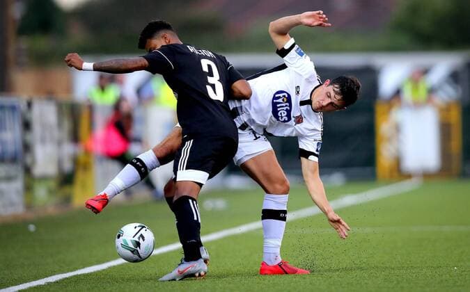 UEFA Champions League Second Qualifying Round First Leg, Oriel Park, Co. Louth 24 7 2019 Dundalk vs Qarabag Dundalk s Jamie McGrath and Ailton of Qarabag Jamie McGrath and Ailton 24 7 2019  Copyright: x©INPHO RyanxByrnex RB3_5757