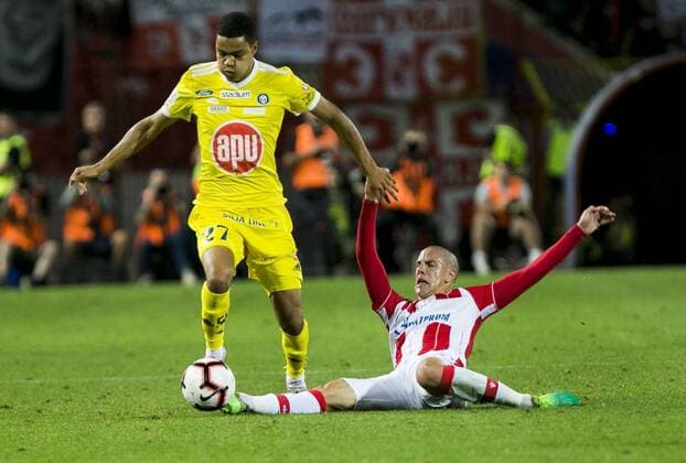 24th July 2019; Rajko Mitic Stadium, Belgrade, Serbia; UEFA Champions League Qualifying Second Leg First Round Red Star Belgrade versus HJK Helsinki; Jevtovic of Red Star Belgrade misses the tackle on Kouassivi-Benissan of HJK Helsinki  ActionPlus12156299 NikolaxKrstic