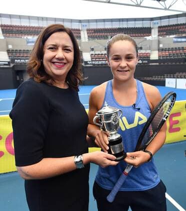 ASHLEIGH BARTY WELCOME HOME CEREMONY, Queensland Premier Annastacia Palaszczuk (left) and French Open winner and world number one tennis player Ashleigh Barty (right) are seen at the welcome home at Pat Rafter Arena in Brisbane, Thursday, July 25, 2019. Queensland Premier Annastacia Palaszczuk and 70 junior tennis players officially welcomed home Ashleigh Barty to Australia after her recent French Open win. ( NO ARCHIVING, EDITORIAL USE ONLY, NO USE IN BOOKS WITHOUT CONSENT Brisbane QUEENSLAND AUSTRALIA  Copyright: xDARRENxENGLANDx 20190725001410443070
