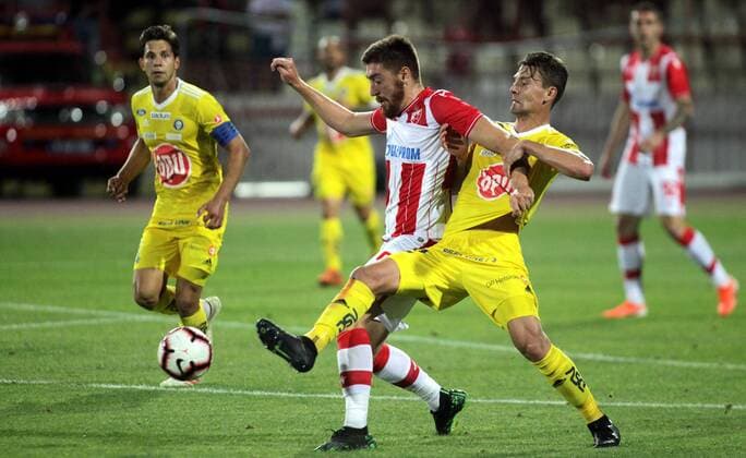 24.07.2019 Belgrade(Serbia) FK Crvena Zvezda(FC Red Star)-HJK Helsinki Champions League 2nd leg qualifiers men s football Milan Pavkov(C)FK Crvena Zvezda(FC Red Star) between Sebastian Dahlström(L),Kaan Kairinen(R) HJK Helsinki : 