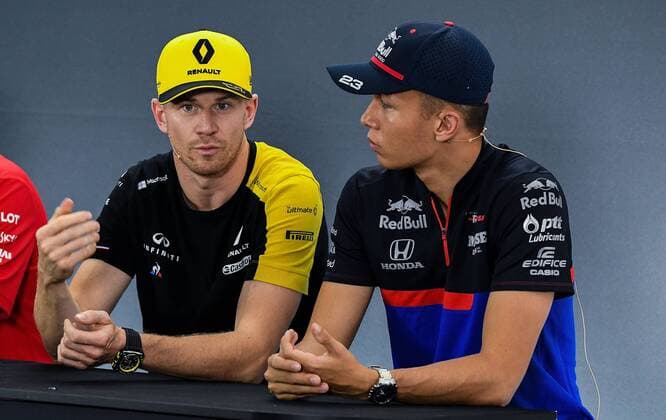 25.07.2019, xpsx, Motorsport FIA Formel 1, Mercedes Benz Großer Preis von Deutschland 2019 v.l. Nico Hülkenberg (Renault F1 Team 27 GER), Alexander Albon (Red Bull Toro Rosso Honda 23 GBR) Hockenheim