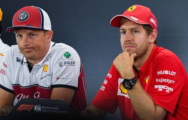 25.07.2019, xpsx, Motorsport FIA Formel 1, Mercedes Benz Großer Preis von Deutschland 2019 v.l. Kimi Raikkonen (Alfa Romeo Racing 7 FIN), Sebastian Vettel (Scuderia Ferrari Mission Winnow 5 GER) Hockenheim