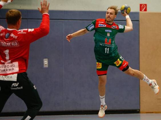 25.07.2019, xtgx, Handball Testspiel, SC Magdeburg - GOG Svendborg emspor, v.l. Daniel Pettersson (Magdeburg, 11) wirft Tor, Torschütze, erzielt Tor, Treffer, scores the goal Haldensleben