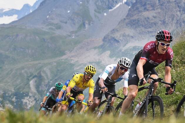 French Julian Alaphilippe of Deceuninck - Quick-Step wearing the yellow jersey, Colombian Egan Bernal of Team Ineos wearing the white jersey and British Geraint Thomas of Team Ineos pictured in action during stage 19 of the 106th edition of the Tour de France cycling race, from Saint-Jean-de-Maurienne to Tignes (126,5 km), France, Friday 26 July 2019. This year s Tour de France starts in Brussels and takes place from July 6th to July 28th. DAVIDxSTOCKMAN  x05633860x