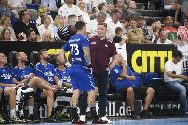 Alfred Gislason mit Stefan Kretzschmar (Team Alfred), Handball, Männer, Abschiedsspiel, Trainer Alfred Gislason, THW Kiel, 26.07.19 Kiel Sparkassen Arena Schleswig-Holstein Germany