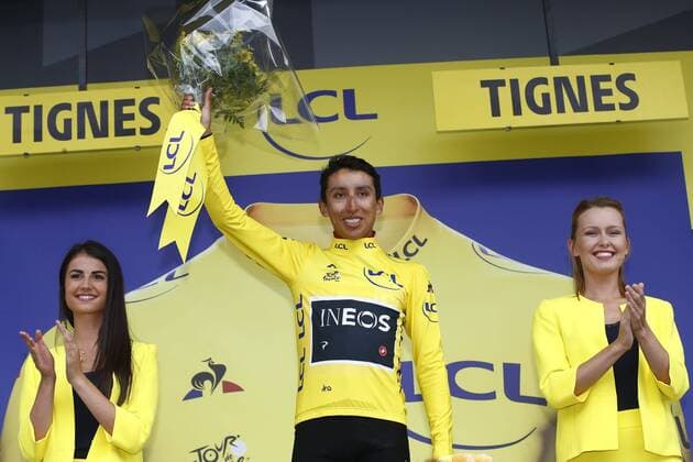 TIGNES, FRANCE - JULY 26 : BERNAL GOMEZ Egan Arley (COL) of TEAM INEOS pictured during the podium ceremony in the yellow jersey after the race was cancelled due to heavy weather conditions during stage 19 of the 106th edition of the 2019 Tour de France cycling race, a stage of 126,5 kms with start in Saint-Jean-De-Maurienne and finish in Tignes on July 26, 2019 in Tignes, France, 26 07 2019 CYCLISME : Tour de France 2019 - Etape 19 - Saint-Jean-De-Maurienne a Tignes - 26 07 2019 PhotoNews Panoramic 