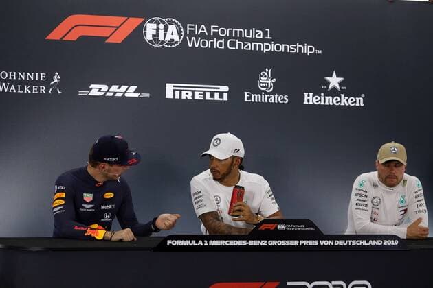 Photo4 LaPresse 27 07 2019 Hockenheim, Germany Grand Prix Formula One Germany 2019 In the pic: pole position press conference, PK, Pressekonferenz : 1st position Lewis Hamilton (GBR) Mercedes AMG F1 W10 2nd position Max Verstappen (NED) Red Bull Racing RB15 3rd position Valtteri Bottas (FIN) Mercedes AMG F1 W10  Copyright: xPhoto4 LaPressex