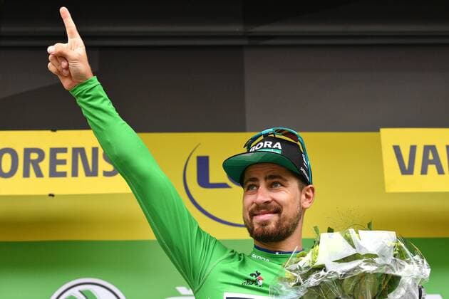 Slovakian Peter Sagan of Bora-Hansgrohe celebrates on the podium in the green jersey of leader in the sprint ranking after stage 20 of the 106th edition of the Tour de France cycling race, from Albertville to Val Thorens (130 km), France, Saturday 27 July 2019. This year s Tour de France starts in Brussels and takes place from July 6th to July 28th. DAVIDxSTOCKMAN  x05634453x