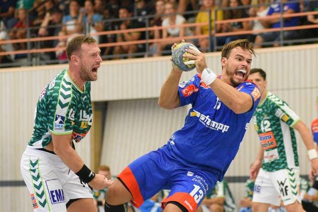 Benjamin Meschke (HBW Balingen-Weilstetten 13) gegen Jacob Bagersted (FrischAuf Goeppingen 14) Handball , Maenner , Vorbereitung , Turnier, Altensteig , S-Cup , 27.07.2019, Foto:TBaur Eibner S-Cup Frisch Auf Goeppingen - HBW Balingen-Weilstetten Altensteig Copyright: xEIBNER TobiasxBaurx EP_TBR