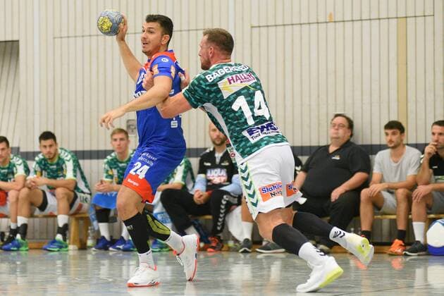 Diogo Oliveira (HBW Balingen-Weilstetten 24) gegen Jacob Bagersted (FrischAuf Goeppingen 14) Handball , Maenner , Vorbereitung , Turnier, Altensteig , S-Cup , 27.07.2019, Foto:TBaur Eibner S-Cup Frisch Auf Goeppingen - HBW Balingen-Weilstetten Altensteig Copyright: xEIBNER TobiasxBaurx EP_TBR