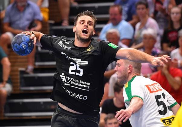am Ball: Sebastian Greß (Dresden), HC Elbflorenz Dresden gegen SC DHfK Leipzig, Testspiel, Freundschaftsspiel, Handball, 2. Liga der Männer, 2. Bundesliga, Saison 2019 2020, Dresden, BallsportARENA Dresden, 27.07.2019,
