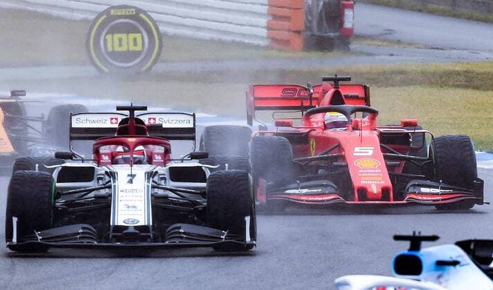 28.07.2019, xpsx, Motorsport FIA Formel 1, Mercedes Benz Großer Preis von Deutschland 2019 Rennen v.l. Kimi Raikkonen (Alfa Romeo Racing 7 FIN), Sebastian Vettel (Scuderia Ferrari Mission Winnow 5 GER) Hockenheim