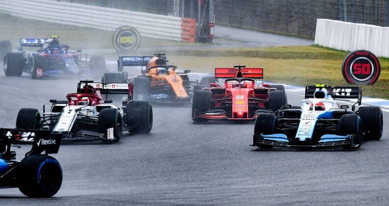 28.07.2019, xpsx, Motorsport FIA Formel 1, Mercedes Benz Großer Preis von Deutschland 2019 Rennen v.l. Kimi Raikkonen (Alfa Romeo Racing 7 FIN), Sebastian Vettel (Scuderia Ferrari Mission Winnow 5 GER), Robert Kubica Hockenheim