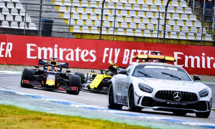28.07.2019, xpsx, Motorsport FIA Formel 1, Mercedes Benz Großer Preis von Deutschland 2019 Rennen v.l. Max Verstappen (Aston Martin Red Bull Racing 33 NED), Safety Car Hockenheim