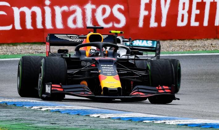 28.07.2019, xpsx, Motorsport FIA Formel 1, Mercedes Benz Großer Preis von Deutschland 2019 Rennen v.l. Max Verstappen (Aston Martin Red Bull Racing 33 NED) Hockenheim