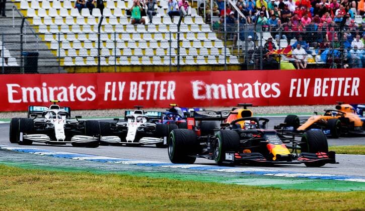28.07.2019, xpsx, Motorsport FIA Formel 1, Mercedes Benz Großer Preis von Deutschland 2019 Rennen v.l. Valtteri Bottas (Mercedes-AMG Petronas Motorsport 77 FIN), Lewis Hamilton (Mercedes-AMG Petronas Motorsport 44 GBR), Max Verstappen (Aston Martin Red Bull Racing 33 NED) Hockenheim