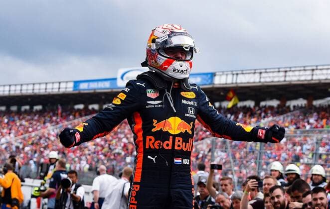 28.07.2019, xpsx, Motorsport FIA Formel 1, Mercedes Benz Großer Preis von Deutschland 2019 Rennen v.l. Sieger, Jubel Max Verstappen (Aston Martin Red Bull Racing 33 NED) Hockenheim