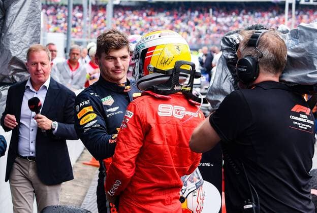 28.07.2019, xpsx, Motorsport FIA Formel 1, Mercedes Benz Großer Preis von Deutschland 2019 Rennen v.l. Sieger Max Verstappen (Aston Martin Red Bull Racing 33 NED), Sebastian Vettel (Scuderia Ferrari Mission Winnow 5 GER) Hockenheim