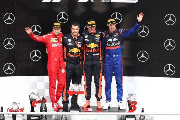 Sport Bilder des Tages Podium mit Sebastian Vettel (Scuderia Ferrari Mission Winnow), Max Verstappen (Aston Martin Red Bull Racing), Daniil Kwjat (Red Bull Toro Rosso Honda), Mercedes Benz Grosser Preis von Deutschland 2019, Motorsport, Formel 1, 28.07.2019, Mercedes Benz Grosser Preis von Deutschland 2019, Motorsport, Formel 1, 28.07.2019 Hockenheim Copyright: xEIBNER AlexanderxNeisx EP_ANS