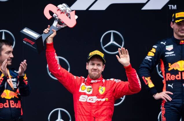 28.07.2019, xpsx, Motorsport FIA Formel 1, Mercedes Benz Großer Preis von Deutschland 2019 Rennen v.l. Siegerehrung, Podium, Jubel, Sebastian Vettel (Scuderia Ferrari Mission Winnow 5 GER) Hockenheim