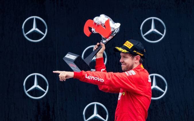 28.07.2019, xpsx, Motorsport FIA Formel 1, Mercedes Benz Großer Preis von Deutschland 2019 Rennen v.l. Siegerehrung, Podium, Jubel, Sebastian Vettel (Scuderia Ferrari Mission Winnow 5 GER) Hockenheim