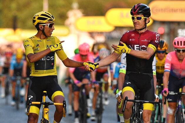 Colombian Egan Bernal of Team Ineos wearing the yellow jersey and British Geraint Thomas of Team Ineos celebrates as he crosses the finish line at the final stage of the 106th edition of the Tour de France cycling race, from Rambouillet to Paris Champs-Elysees (128km), France, Sunday 28 July 2019. This year s Tour de France starts in Brussels and takes place from July 6th to July 28th. DAVIDxSTOCKMAN  x05635305x