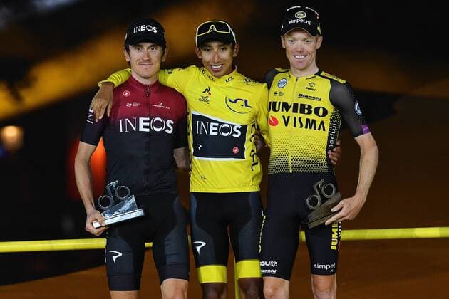 L-R, second, British Geraint Thomas of Team Ineos, winner Colombian Egan Bernal of Team Ineos wearing the yellow jersey and third Dutch Steven Kruijswijk of Team Jumbo-Visma celebrate on the podium of the general ranking after the final stage of the 106th edition of the Tour de France cycling race, from Rambouillet to Paris Champs-Elysees (128km), France, Sunday 28 July 2019. This year s Tour de France starts in Brussels and takes place from July 6th to July 28th. DAVIDxSTOCKMAN  x05635350x