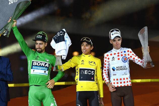 Slovakian Peter Sagan of Bora-Hansgrohe wearing the green jersey, Colombian Egan Bernal of Team Ineos wearing the yellow jersey and French Romain Bardet of AG2R La Mondiale wearing the red polka-dot jersey celebrate on the podium of the final stage of the 106th edition of the Tour de France cycling race, from Rambouillet to Paris Champs-Elysees (128km), France, Sunday 28 July 2019. This year s Tour de France starts in Brussels and takes place from July 6th to July 28th. DAVIDxSTOCKMAN  x05635351x