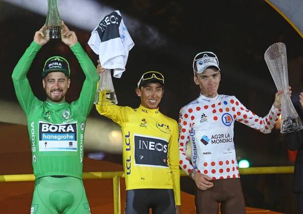 Peter Sagan of Slovakia (L), Egan Bernal of Colombia (C) and Romain Bardet of France attend the presentation ceremony after winning the green, yellow and polka dot jerseys respectively at the Tour de France in Paris on Sunday, July 28, 2019. Bernal claimed his first Tour de France victory, becoming the youngest winner of the race in the post-war era.  PAR20190728729 DAVIDxSILPA