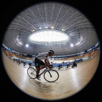 Tokyo Olympics Photo taken with a fisheye lens on June 20, 2019, shows the Japanese cycling team practicing at Izu Velodrome in Shizuoka Prefecture, central Japan, the main venue for the 2020 Tokyo Olympics Track cycling, Rad, Radsport, Bahnrad, Bahn events. 